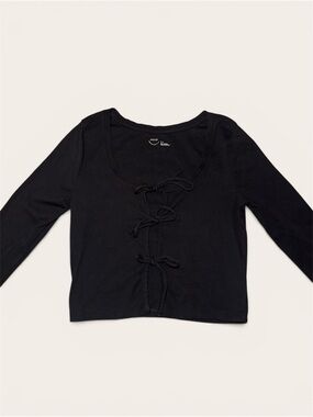 aerie Black Long Sleeve Tie-Front Scoop Neck Top Size Medium NWT
